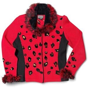 Berek Vintage Animal Print Red Cardigan Furry Accents size S